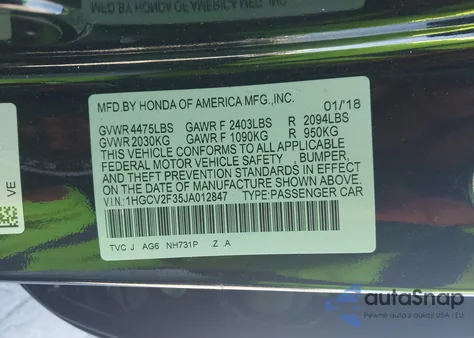 2018 Honda Accord Sport 2.0T from USA, damaged, VIN 1HGCV2F35JA012847